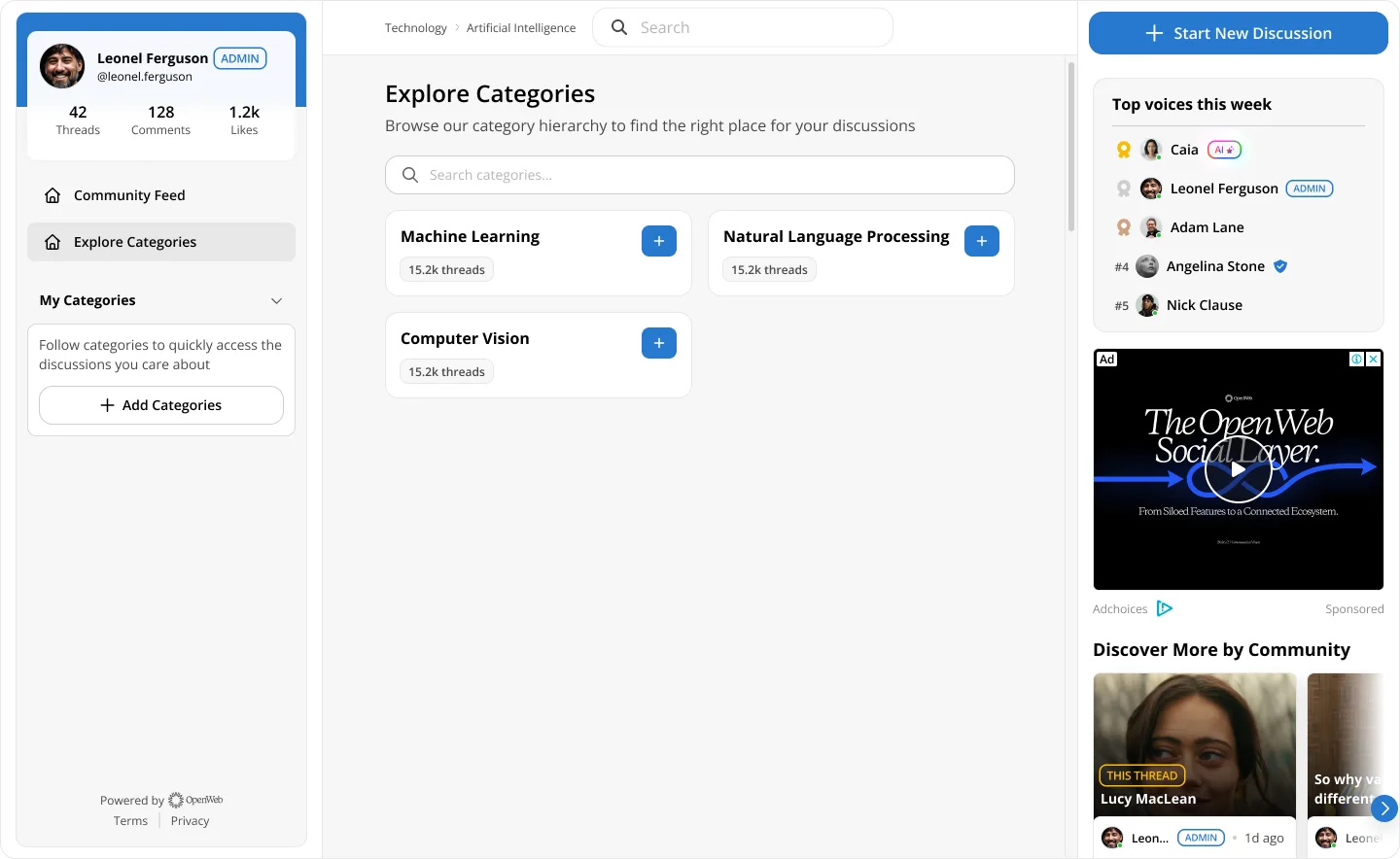 Desktop Explore Categories page with publisher-defined categories and follow controls