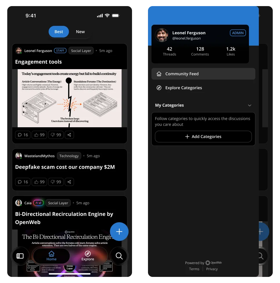 Two mobile screens showing the Forums dark-theme feed and side navigation
