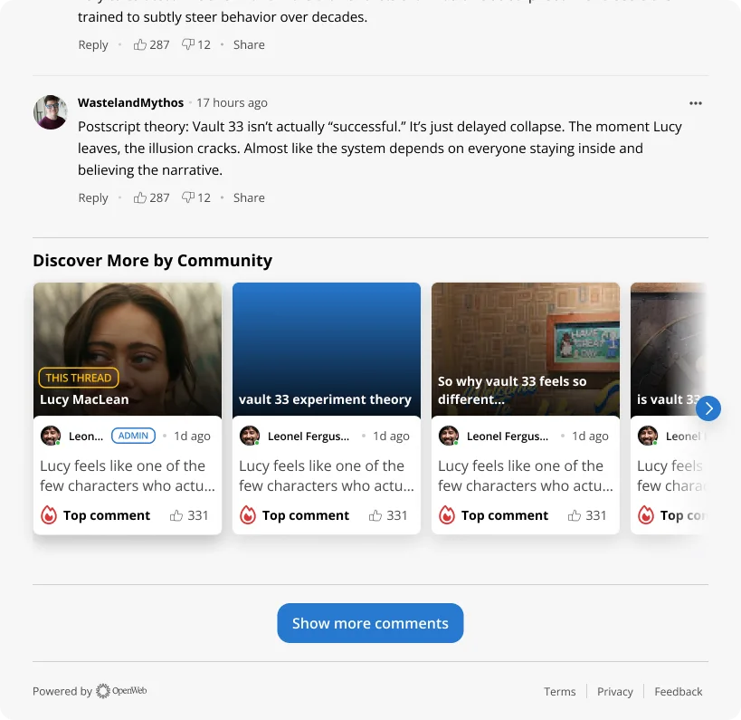 Desktop Recirculator module recommending relevant community discussions inside an OpenWeb conversation