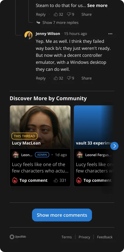 Dark-theme mobile Recirculator module recommending community discussions
