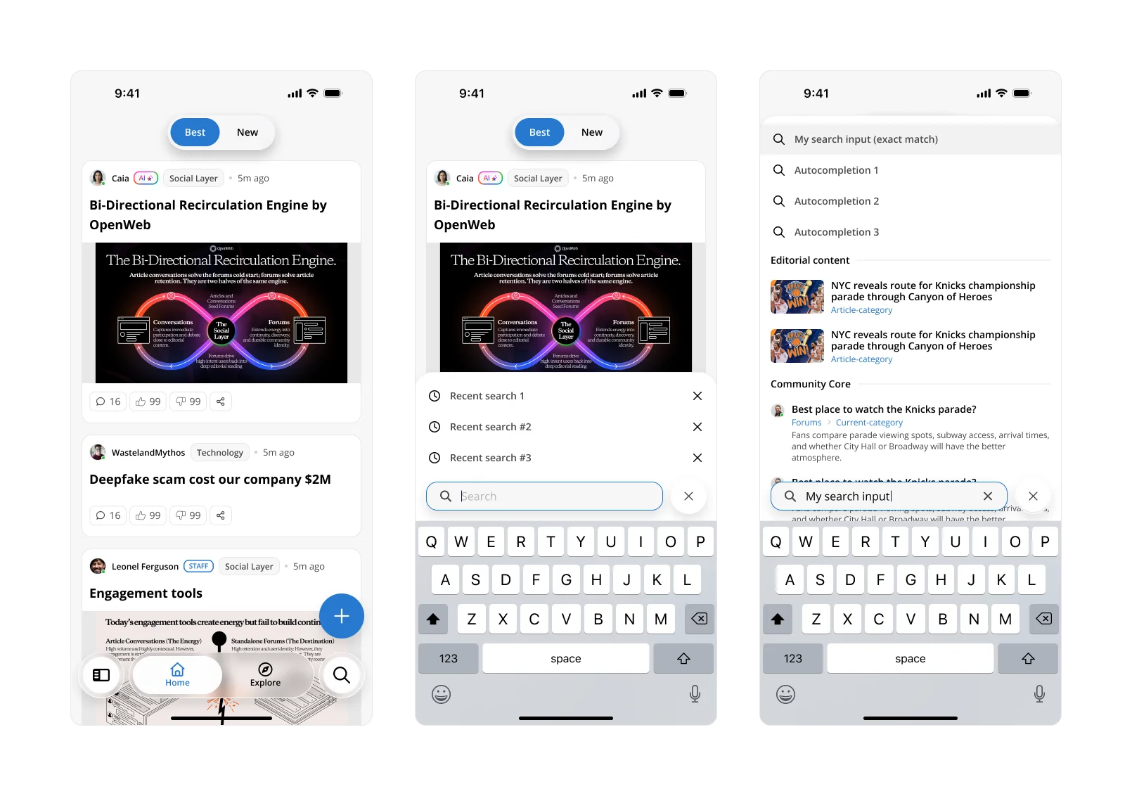 Three mobile screens showing recent searches, real-time suggestions, and mixed publisher search results