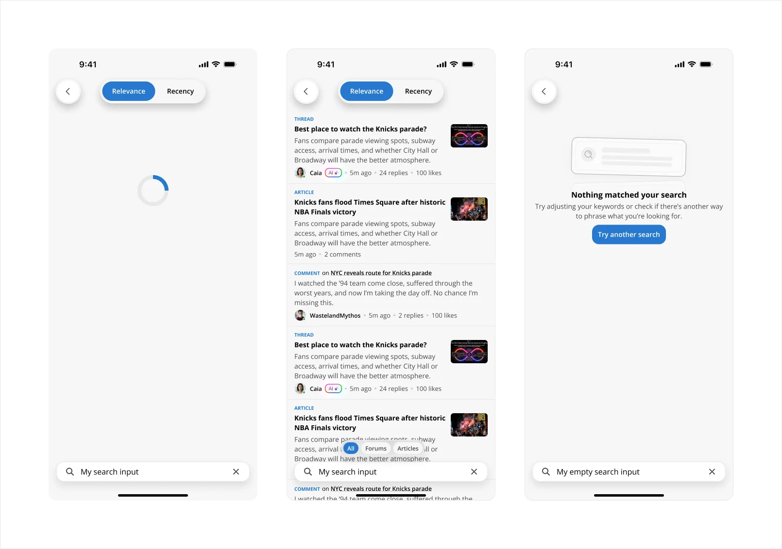 Three mobile screens showing publisher search loading, filtered results, and an empty state