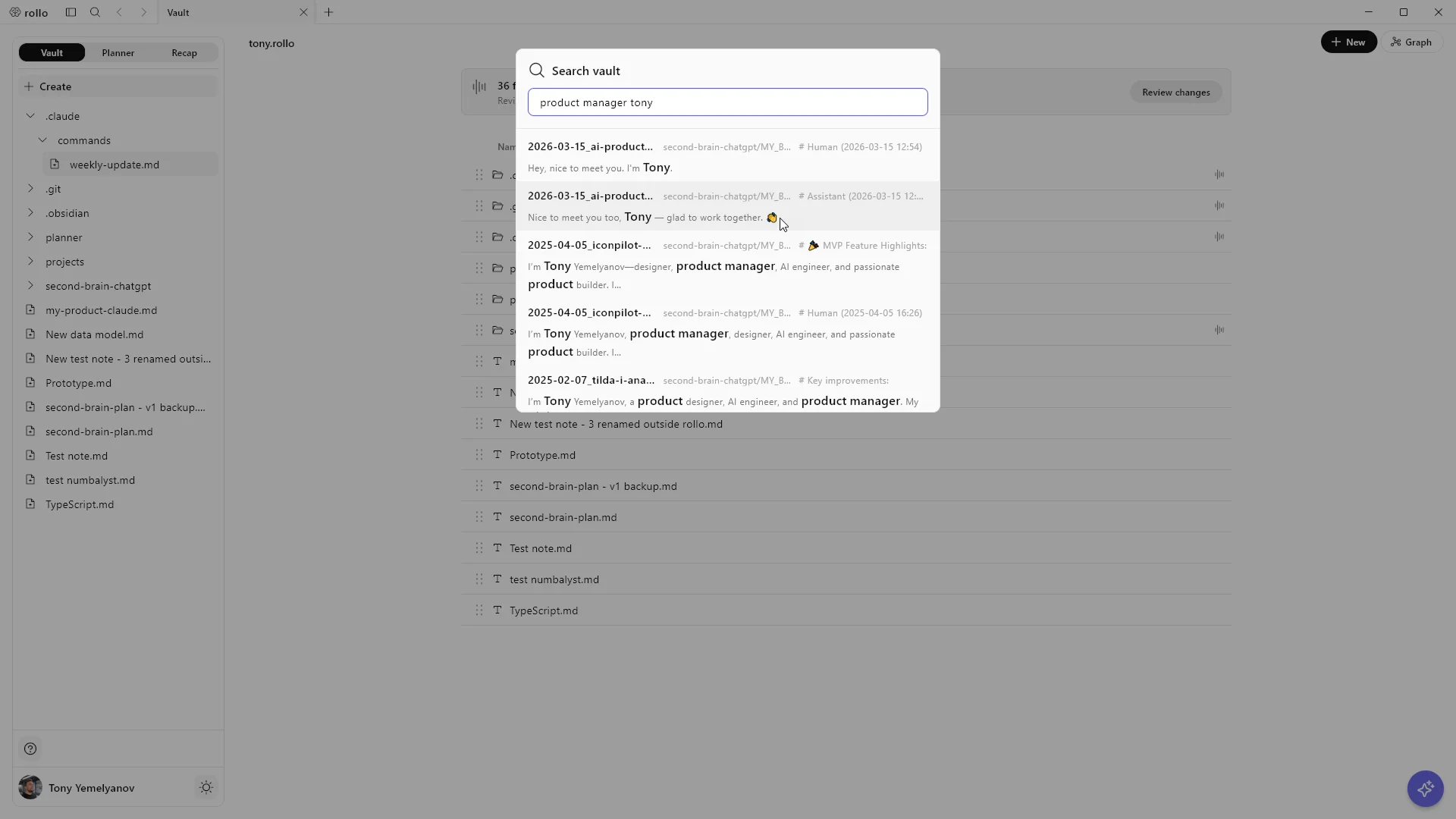 Rollo vault free-text search returning matching passages across local Markdown files